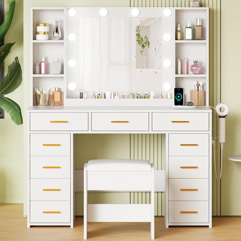 11 Drawer Makeup Vanity Desk with Mirror and Lights, Stool L831777