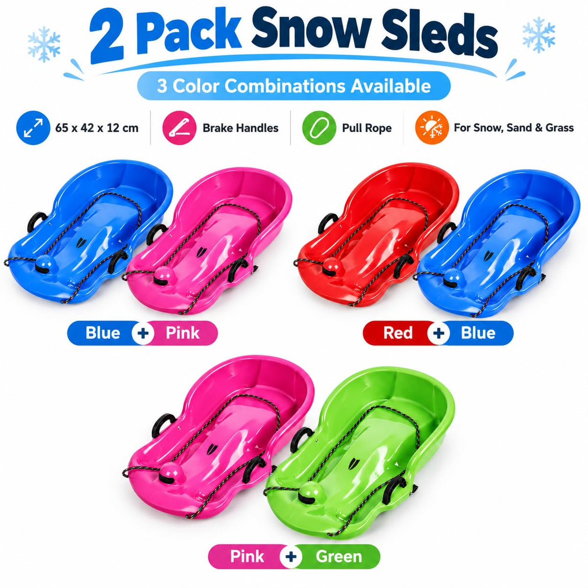2 Pack 65cm Plastic Snow Sleds with Brake Handles and Pull Rope E373