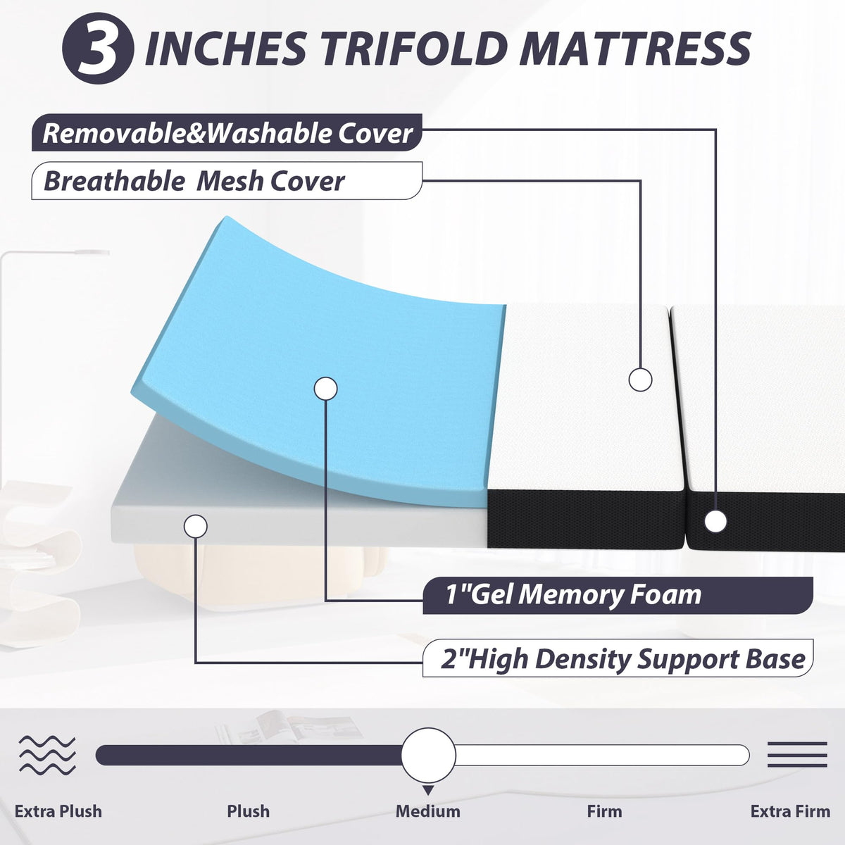 3 Inch Twin XL Tri Fold Memory Foam Mattress M799612
