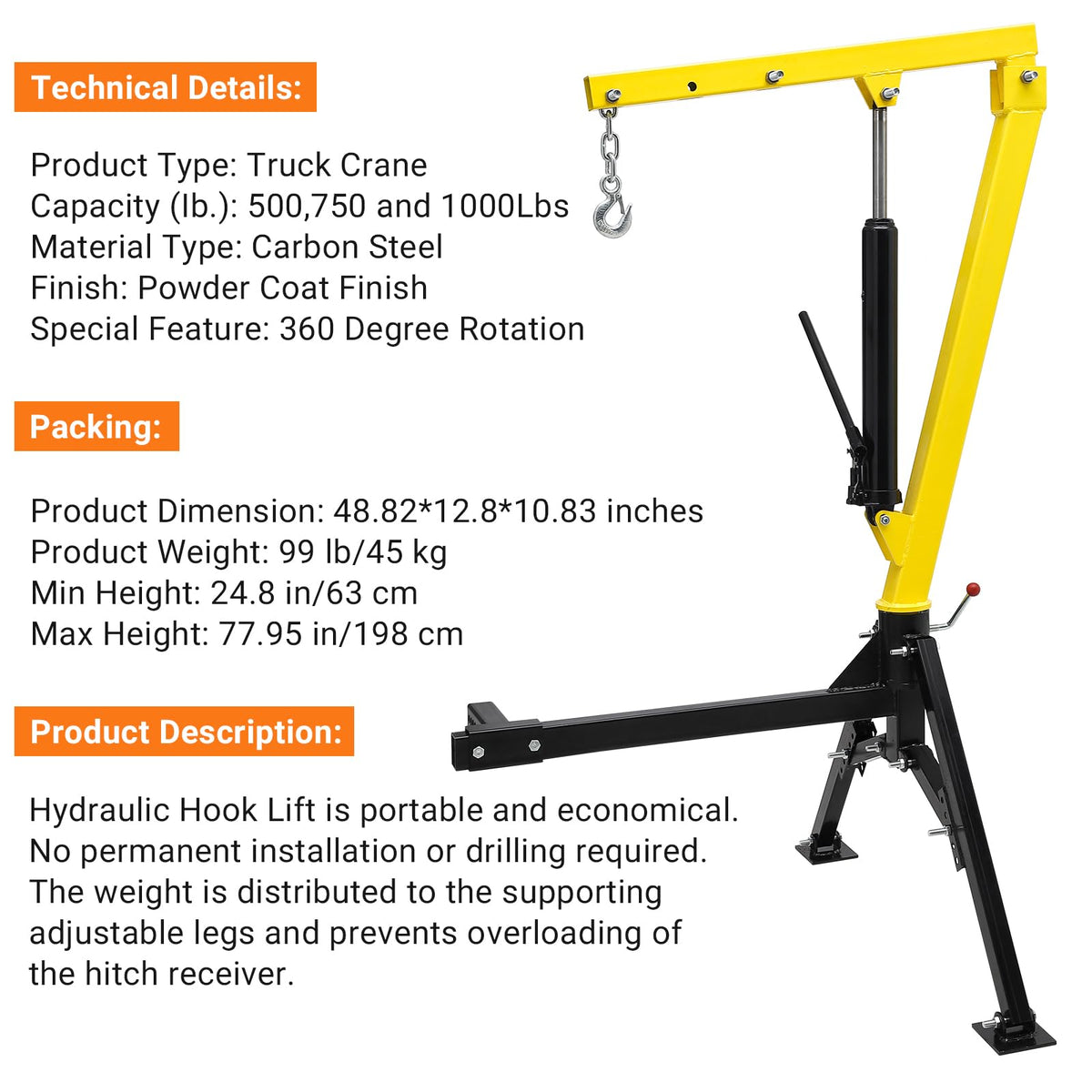Hydraulic 1000Lbs Hitch-Mounted 360° Swivel Pickup Truck Crane C674013
