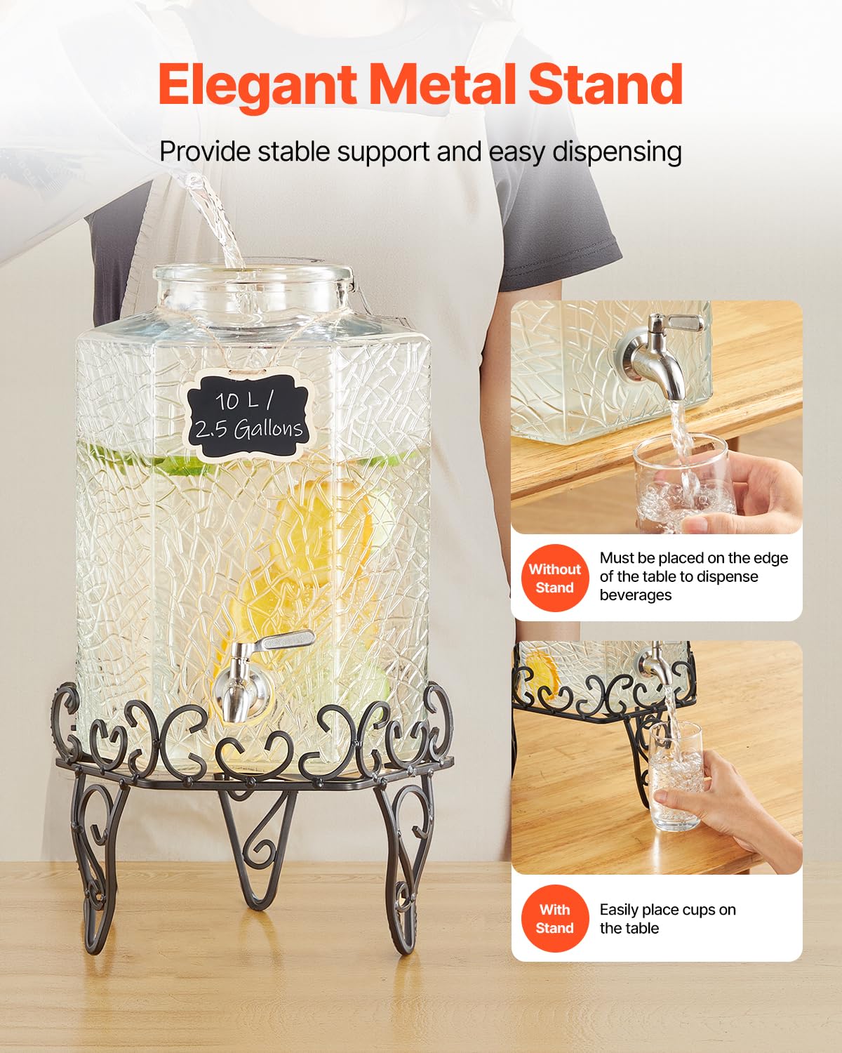 2.5 Gallon Glass Beverage Dispenser with Metal Stand U41947