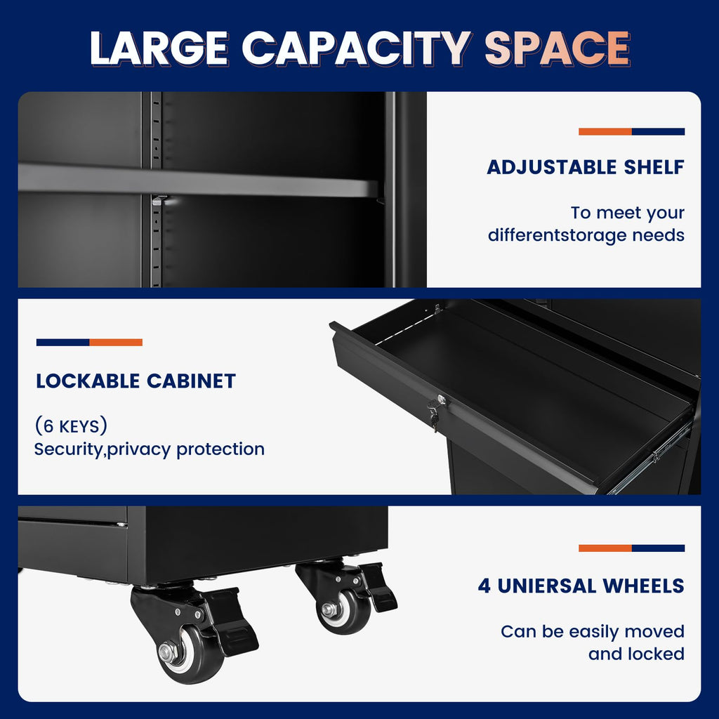 Black Metal Rolling Storage Cabinet with Locking Doors and 1 Drawer O88837