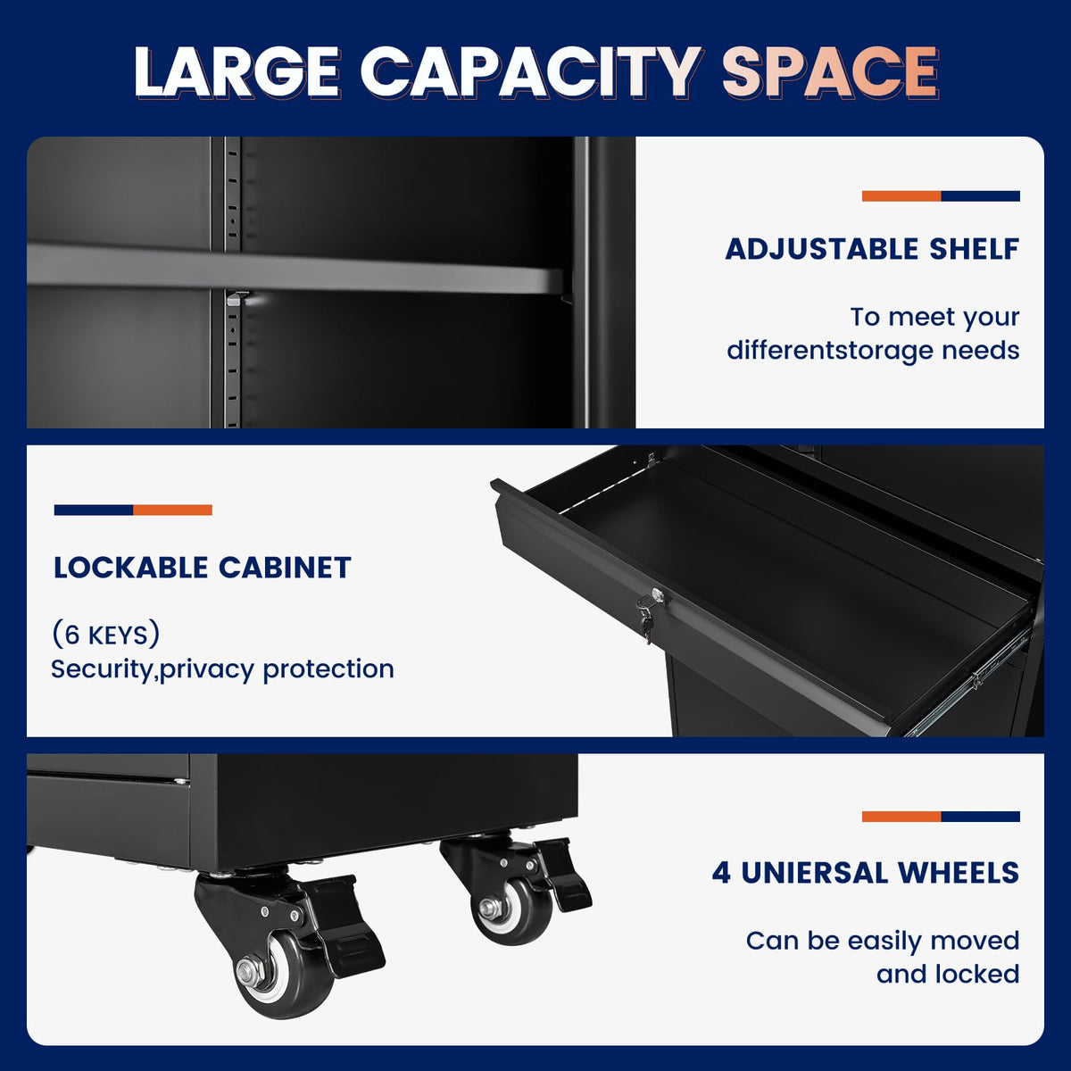 Black Metal Rolling Storage Cabinet with Locking Doors and 1 Drawer O88837