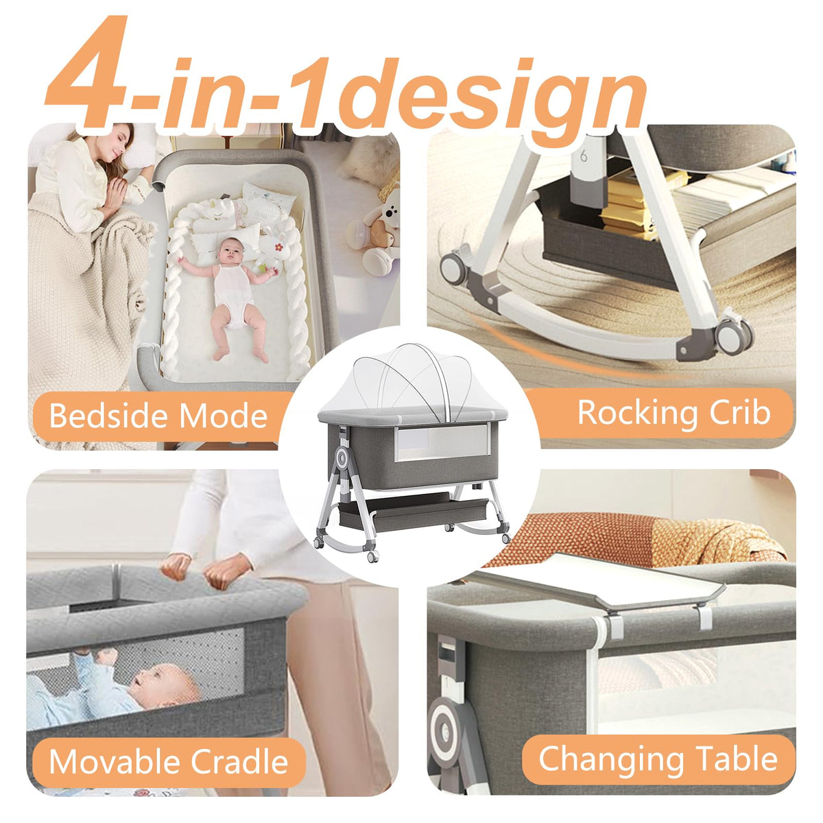 4 in 1 Baby Bassinet Bedside Sleeper with Wheels and Mattress P3910