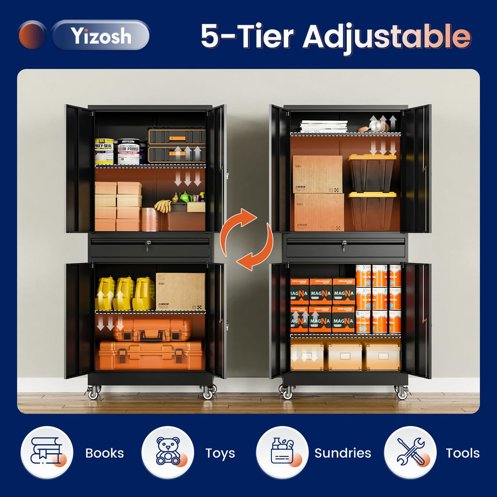 Black Metal Rolling Storage Cabinet with Locking Doors and 1 Drawer O88837