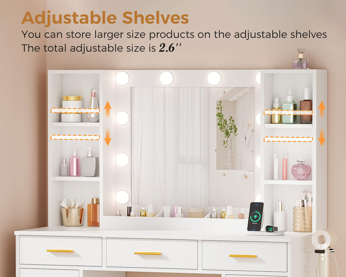 11 Drawer Makeup Vanity Desk with Mirror and Lights, Stool L831777