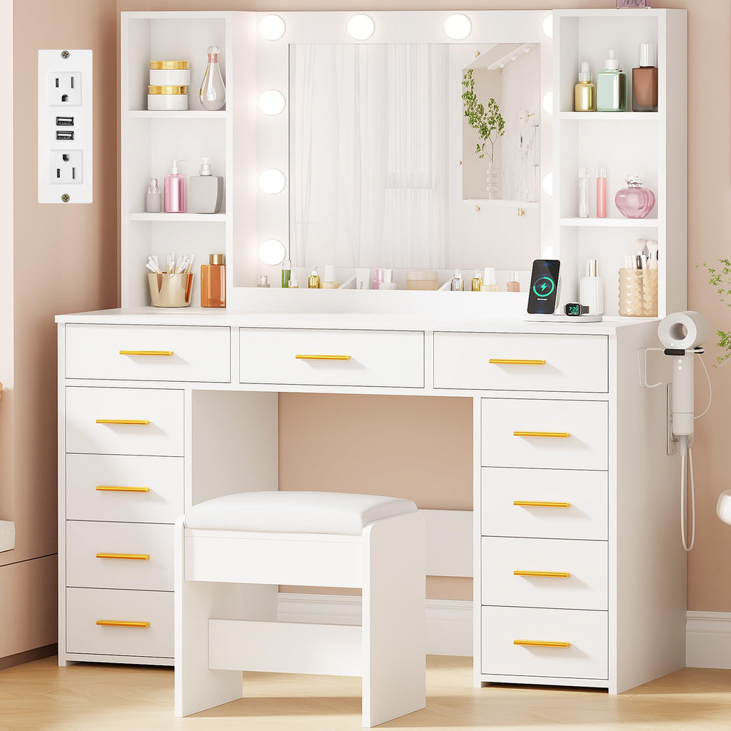 11 Drawer Makeup Vanity Desk with Mirror and Lights, Stool L831777