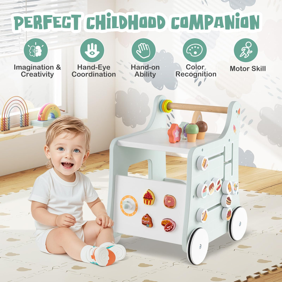 Wooden Baby Walker with Storage and Wheels U193