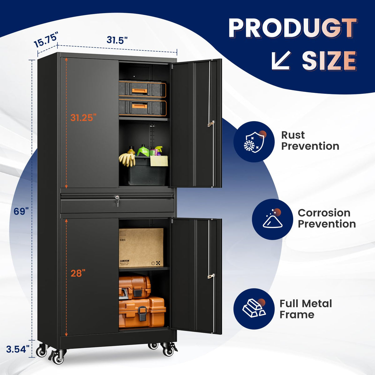 Black Metal Rolling Storage Cabinet with Locking Doors and 1 Drawer O88837