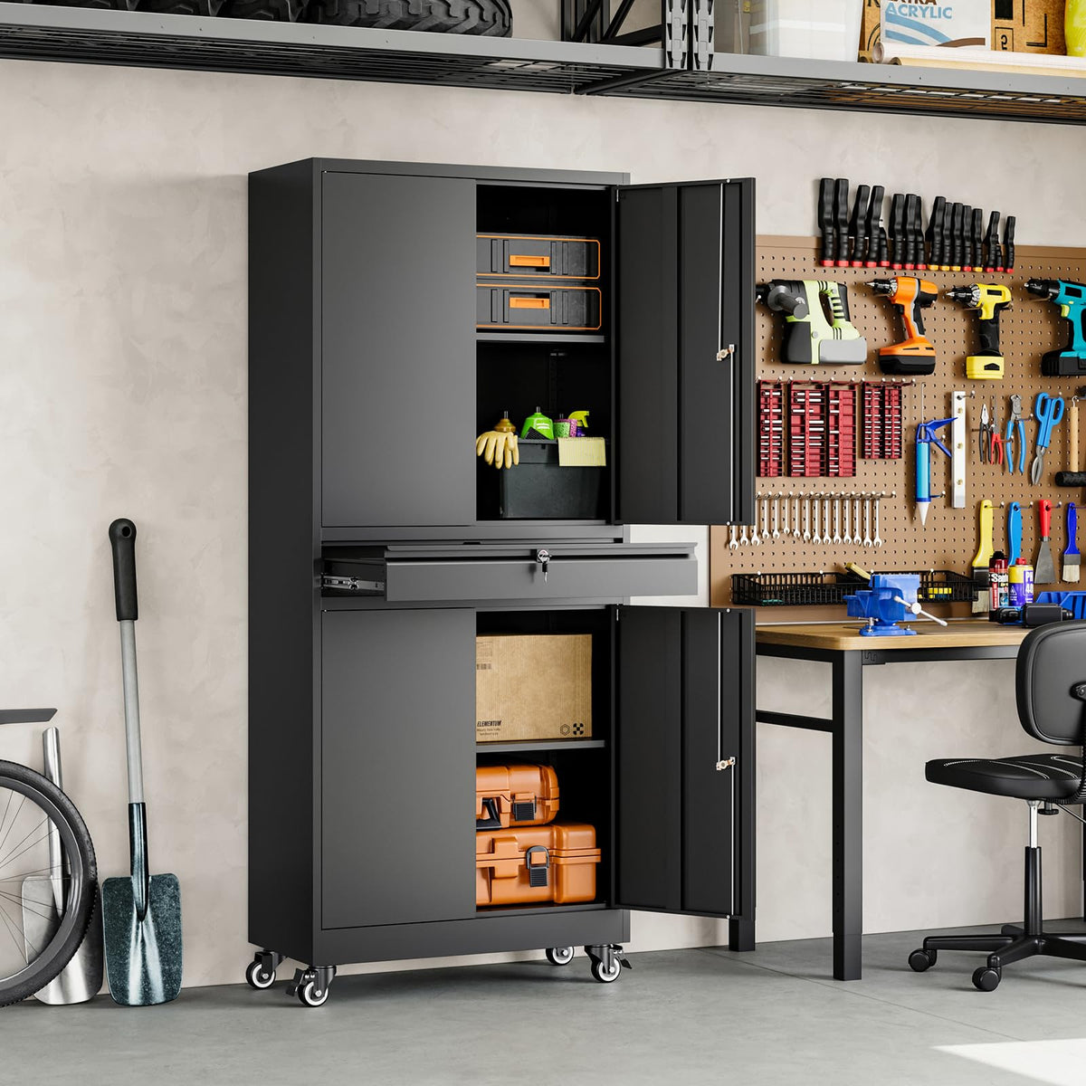 Black Metal Rolling Storage Cabinet with Locking Doors and 1 Drawer O88837