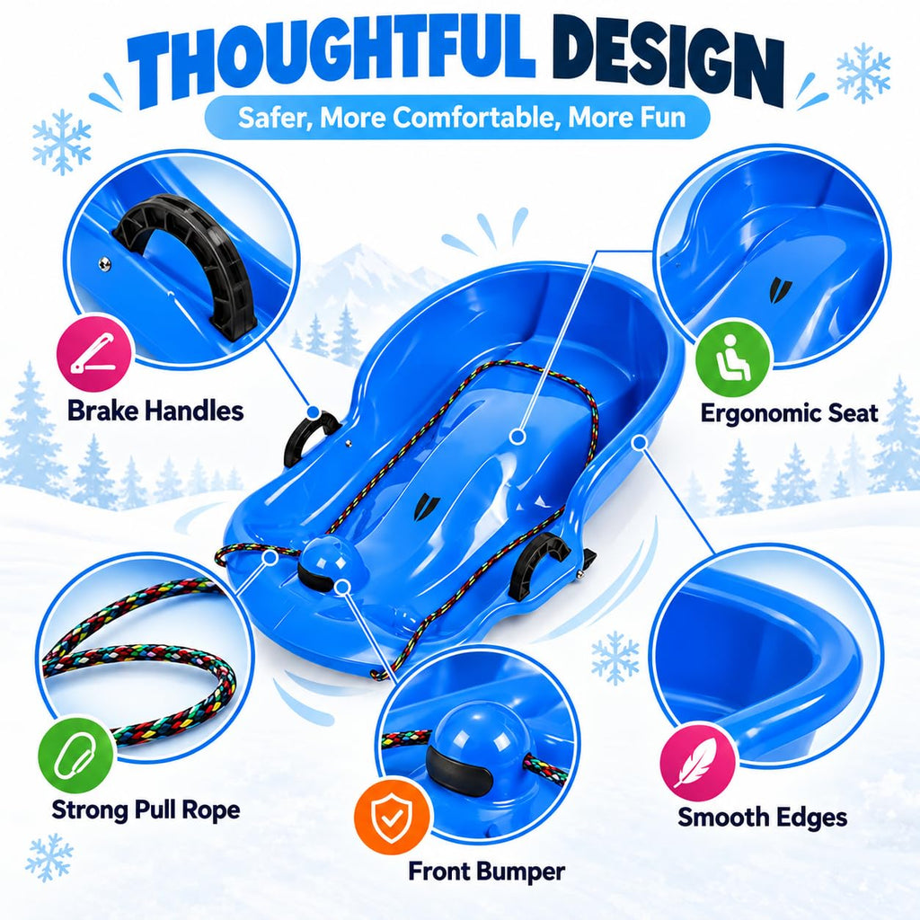 2 Pack 65cm Plastic Snow Sleds with Brake Handles and Pull Rope E373