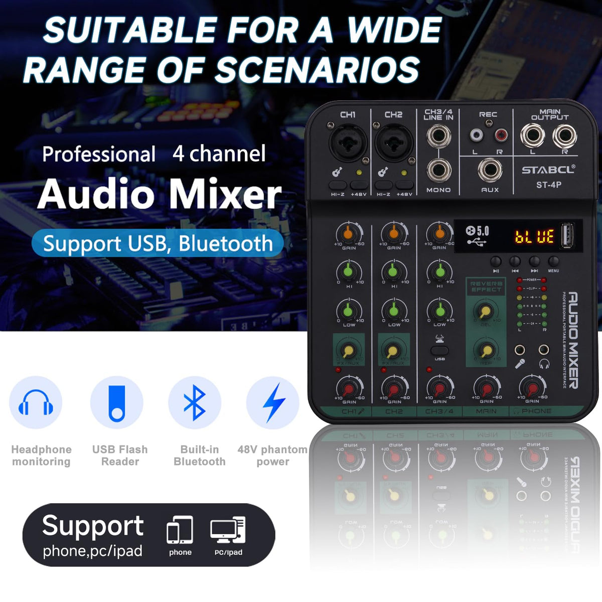4 Channel Audio Mixer with USB BT 48V Phantom Power A518566