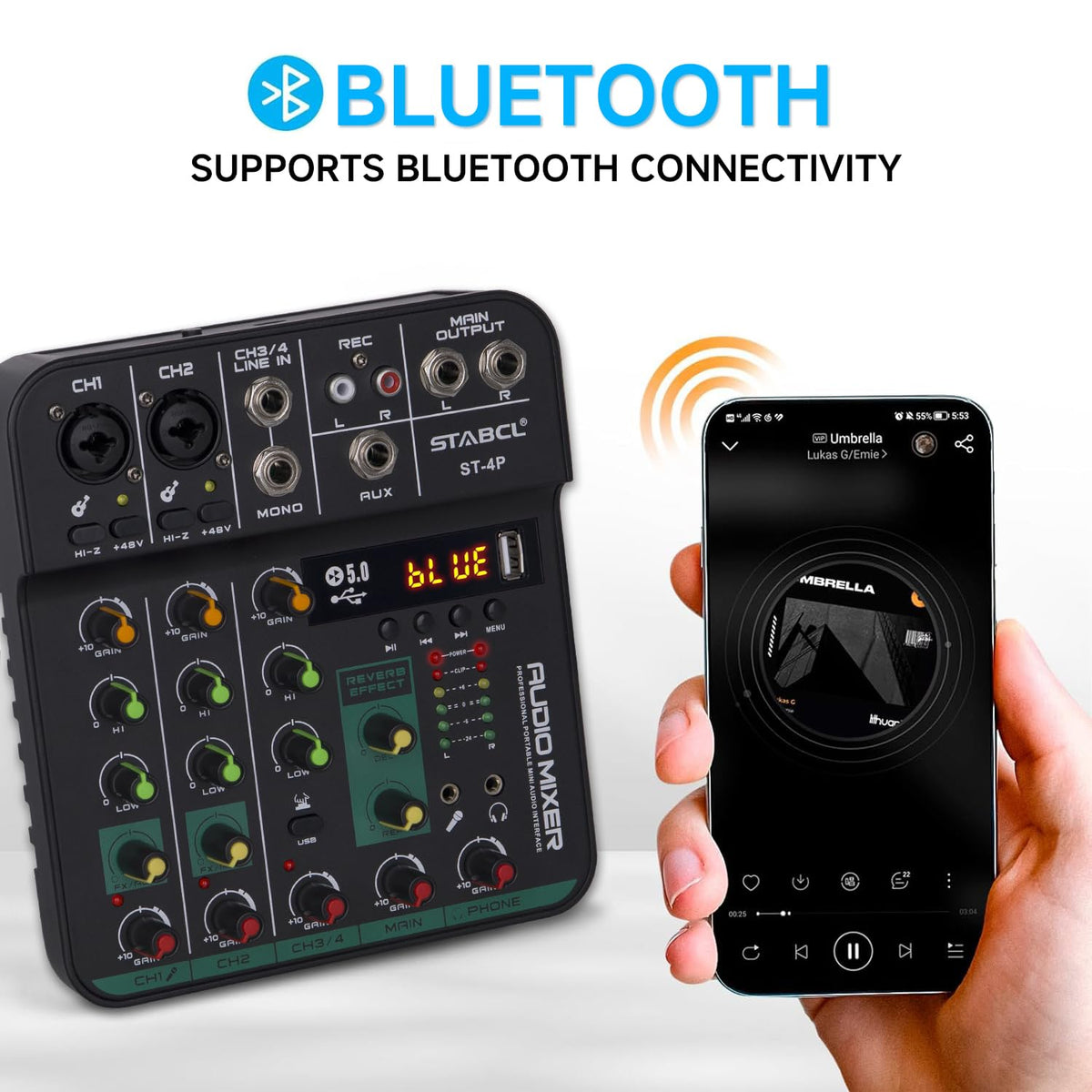 4 Channel Audio Mixer with USB BT 48V Phantom Power A518566