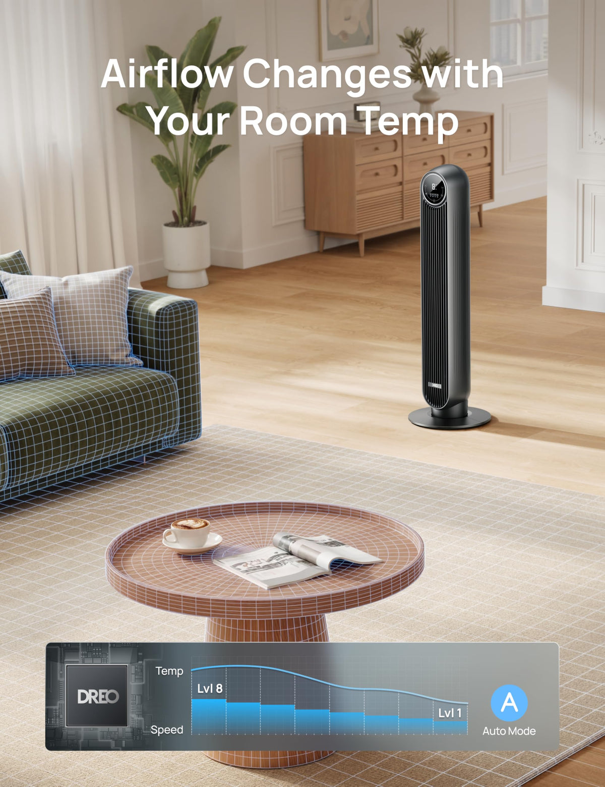 Ultra Quiet Tower Fan, 8 Speeds Q672322