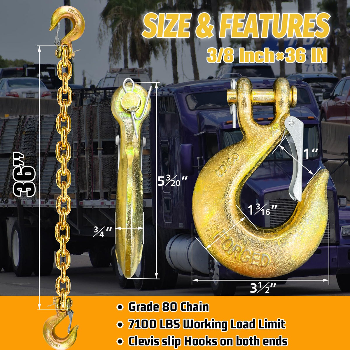 3/8"x36" Galvanized Trailer Safety Chains with Hooks, 2-Pack L5259