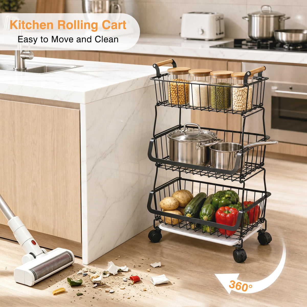 3-Tier Fruit Basket with Wheels D77206
