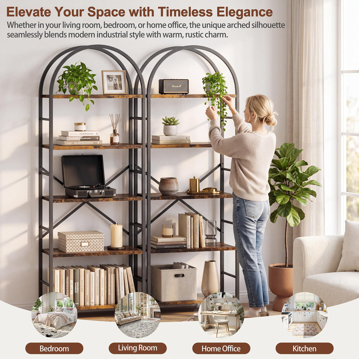 5 Tier Rustic Brown Bookshelf with Metal Frame R99201
