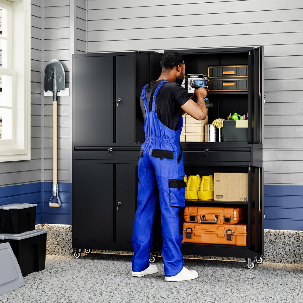 Black Metal Rolling Storage Cabinet with Locking Doors and 1 Drawer O88837