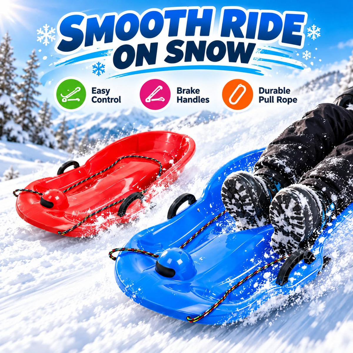 2 Pack 65cm Plastic Snow Sleds with Brake Handles and Pull Rope E373